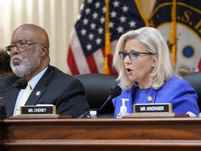 Vice Chair Liz Cheney, R-Wyo., gives her opening address as Committee Chair Rep.  Bennie Thompson, D-Miss., left, watches as the House select committee investigating the Jan. 6 attack on the Capitol holds its first public hearing to reveal the findings of a year-long investigation, at the Capitol in Washington , Thursday, June 9, 2022.