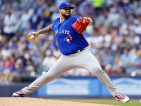 Jun 24, 2022; Milwaukee, Wisconsin, USA;  Toronto Blue Jays pitcher Alek Manoah (6) throws a pitch during the first inning against the Milwaukee Brewers at American Family Field.
