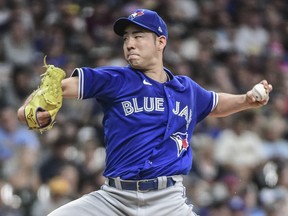 Jun 25, 2022; Milwaukee, Wisconsin, USA; Toronto Blue Jays pitcher Yusei Kikuchi (16) throws a pitch in the second inning during game against the Milwaukee Brewers at American Family Field. Mandatory Credit: Benny Sieu-USA TODAY Sports