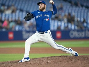 Jun 13, 2022; Toronto, Ontario, CAN; Toronto Blue Jays relief pitcher Matt Gage (91) throws a pitch against the Baltimore Orioles during the eighth inning at Rogers Centre.