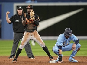 Baltimore Orioles shortstop Jorge Mateo (3) reacts after getting out Toronto Blue Jays pinch runner Bradley Zimmer (7) at second base during the eighth inning at Rogers Centre.