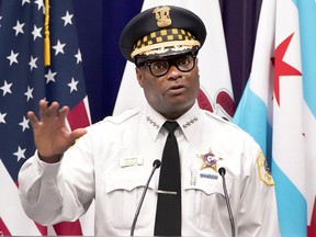 Chicago Police Superintendent David O. Brown responds to a question during a news conference Thursday, July 22, 2021, in Chicago.