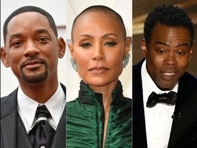 This combination of pictures created on March 27, 2022 shows Will Smith, Jada Pinkett Smith and Chris Rock at the 94th Oscars at the Dolby Theatre in Hollywood, California on March 27, 2022.