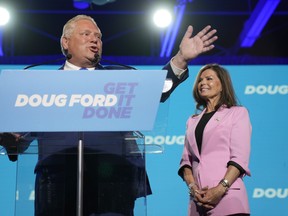 Ontario PC Party Leader Doug Ford and wife Karla react after he was projected to have been re-elected as the Premier of Ontario in Toronto Thursday, June 2, 2022. THE CANADIAN PRESS/Frank Gunn