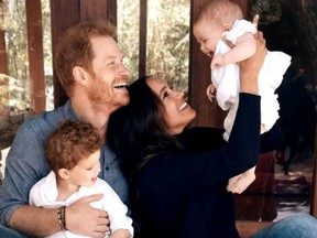 Prince Harry, Meghan Markle and their children Archie and Lilibet are pictured ina family portrait by  photographer Alexi Lubomirski release in December 2021.