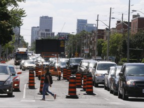 Traffic backed up on Eglinton Ave. E. at Laird Dr. is pictured in this June 30, 2016 file photo.