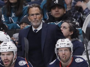 Columbus Blue Jackets coach John Tortorella watches the team play against the San Jose Sharks during an NHL hockey game in San Jose, Calif., Jan. 9, 2020.