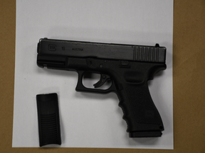 An image released by Peel police of a handgun seized during the investigation of pharmacy robberies.