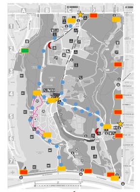 The early idea for 2021’s cherry blossom season was for fencing and signs – including lots of arrow decals on the ground – to guide visitors around High Park. The blue dots represent where arrow decals could have gone under one of the parks department’s plans. City of Toronto