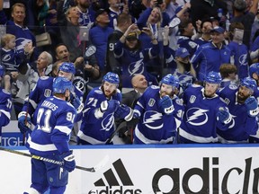 Jun 20, 2022; Tampa, Florida, USA; Tampa Bay Lightning center Steven Stamkos celebrates with teammates after scoring a goal against the Colorado Avalanche in the second period in game three of the 2022 Stanley Cup Final at Amalie Arena.