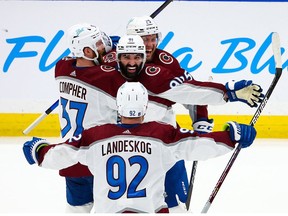 Jun 22, 2022; Tampa, Florida, USA; Colorado Avalanche center Nazem Kadri celebrates with teammates after scoring the game winning goal against the Colorado Avalanche during overtime in game four of the 2022 Stanley Cup Final at Amalie Arena.