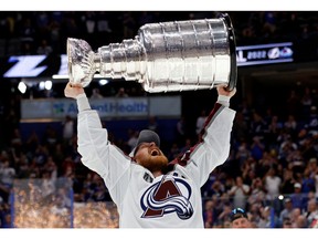 Jun 26, 2022; Tampa, Florida, USA; Colorado Avalanche left wing Gabriel Landeskog (92) celebrates with the Stanley Cup after the game against the Tampa Bay Lightning in game six of the 2022 Stanley Cup Final at Amalie Arena. Mandatory Credit: Geoff Burke-USA TODAY Sports TPX IMAGES OF THE DAY