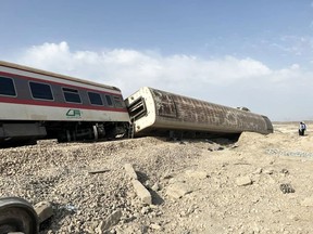 A train after derailment is seen near Tabas, Yazd province, Iran June 8, 2022.