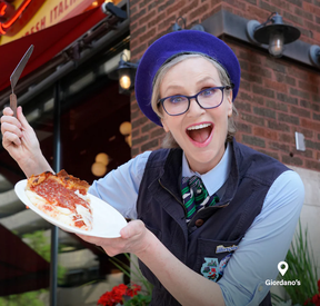 Jane Lynch holds a slice of deep-dish pizza from Giordano’s, although she admits that she prefers thin-crust, such as from Aurelio’s in Chicago Heights. (Illinois Office of Tourism)