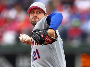 Pitcher Max Scherzer of the New York Mets delivers a pitch against the Philadelphia Phillies in the first inning during game one of a double header at Citizens Bank Park on May 8, 2022 in Philadelphia, Pa.