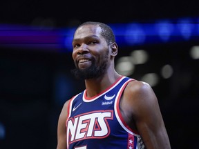 Brooklyn Nets' Kevin Durant is shown during the first half of an NBA basketball game against the Indiana Pacers at the Barclays Center, Sunday, Apr. 10, 2022, in New York.