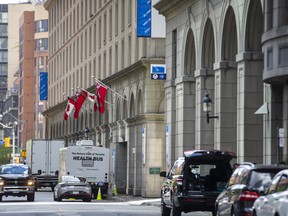 The building on the left is 45 The Esplanade, a hotel leased by the city to serve as a shelter for homeless individuals in Toronto.