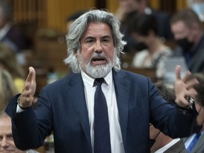 Canadian Heritage Minister Pablo Rodriguez stands during Question Period, Monday, May 2, 2022 in Ottawa.