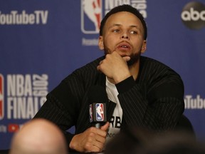Golden State Warriors Steph Curry speaks to the media at the after game press conferences  in Toronto, Ont. on Friday May 31, 2019.