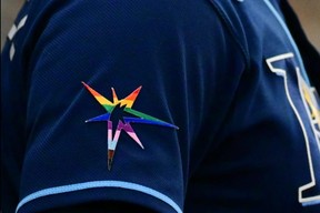 The rainbow emblem on the sleeve of a Rays player. GETTY IMAGES
