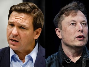 Florida Governor Ron DeSantis, left, and Tesla Inc. CEO Elon Musk.