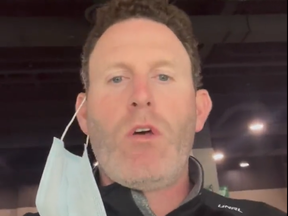 Ryan Whitney is seen in a screengrab from video he posted to Twitter about Pearson airport.
