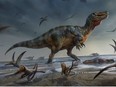 Artist's illustration shows a large meat-eating dinosaur dubbed the "White Rock spinosaurid," whose remains dating from about 125 million years ago during the Cretaceous Period were unearthed on England's Isle of Wight, standing on a beach, surrounded by flying reptiles called pterosaurs.