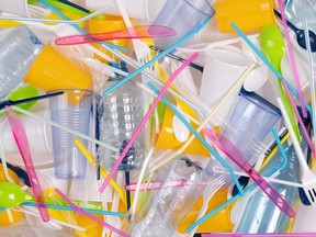 Disposable plastic items such as bottles, cups, forks, spoons and drinking straws.
