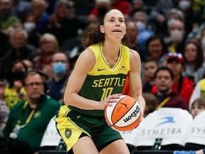 Seattle Storm guard Sue Bird lines up a 3-point shot against the Los Angeles Sparks during the second quarter of a WNBA basketball game Friday, May 20, 2022, in Seattle.