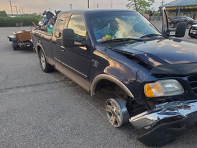 A pickup driver was nabbed after travelling on Hwy. 401 with no front right tire and no tires on the passenger side of the trailer the vehicle was towing on Tuesday, May 31, 2022.