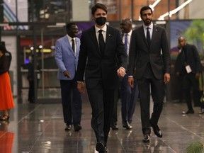 Canada's Prime Minister Justin Trudeau arrives at a welcome reception and state banquet hosted by the President of Rwanda on day four of the Commonwealth Heads of Government Meeting (CHOGM), in Kigali, on June 23, 2022.