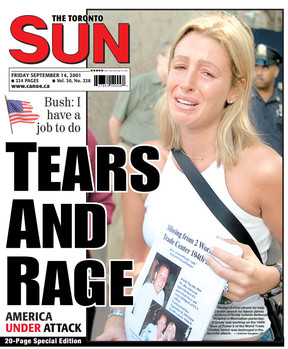 Rachel Uchitel appears on the cover of Toronto Sun on September 14, 2001, looking for her fiancé after a terrorist attack in New York City.