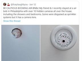 A female Twitter user, who goes by the name @foxytaughtyou, complained there were 10 hidden cameras in the Philadelphia Airbnb she and another women rented, according to the New York Post.