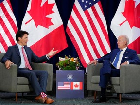 Prime Minister Justin Trudeau meets with U.S. President Joe Biden at the Summit of the Americas, in Los Angeles, Calif., Thursday, June 9, 2022.