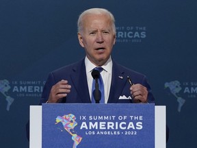 President Joe Biden speaks during the opening plenary session of the Summit of the Americas, Thursday, June 9, 2022, in Los Angeles. Biden announced the Americas Partnership for Economic Prosperity last week as he kicked off the summit, which gathered leaders from 21 countries across the Western Hemisphere, including Prime Minister Justin Trudeau.THE CANADIAN PRESS/AP-Evan Vucci