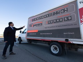 The Canadian Taxpayers Federation's national Debt Clock, which is mounted on the side of a moving truck, displays the federal government's $1-trillion debt increasing in real time. Photo taken in Saskatoon, Sask. on Friday, March 25, 2022.