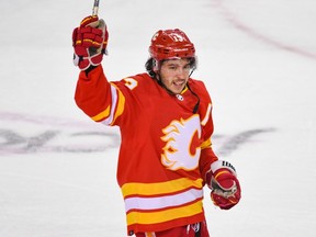 Calgary Flames Johnny Gaudreau celebrates his winning goal against Dallas Stars during the overtime at game 7 of the first round of play-off action at Scotiabank Saddledome on Sunday, May 15, 2022.