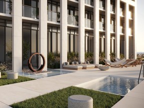 At M5, a reflecting pool grounds the meditative Zen lounge and is outfitted with daybeds, offering a calm space for residents to unwind.  NORM LI