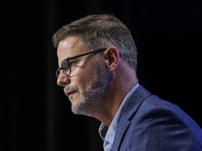 Toronto Blue Jays general manager Ross Atkins speaks during a news conference after naming John Schneider the interim manager of the team,  at Rogers Centre on July 13, 2022.