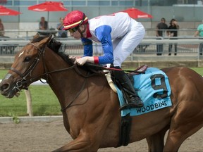 Jockey Declan Carroll guides Sir for Sure to victory in the $150,000 Plate Trial Stakes on July 24, 2022.