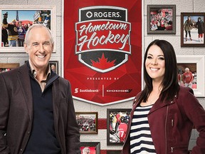 Broadcasters Ron MacLean and Tara Slone of Rogers Hometown Hockey.
