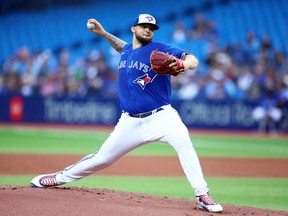 TORONTO, ON - JUNE 29:  Alek Manoah #6 of the Toronto Blue Jays delivers a pitch in the first inning during an MLB game against the Boston Red Sox at Rogers Centre on June 29, 2022 in Toronto, Ontario, Canada.