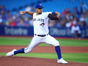 Jose Berrios  of the Toronto Blue Jays delivers a pitch in the first inning against the Philadelphia Phillies at Rogers Centre.