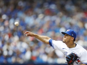 Blue Jays' Jose Berrios pitches in the sixth inning against the Detroit Tigers at Rogers Centre on Sunda, July 31, 2022 in Toronto.