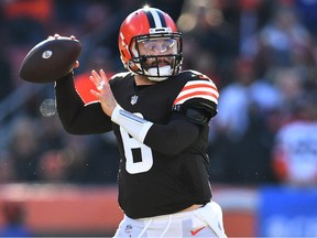 Baker Mayfield of the Cleveland Browns throws a pass against the Baltimore Ravens in the first half at FirstEnergy Stadium on December 12, 2021 in Cleveland, Ohio.