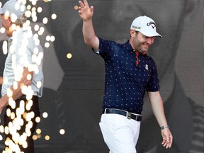 golf golf Branden Grace of South Africa acknowledges the crowd as he is introduced as the champion of the LIV Golf Invitational - Portland at Pumpkin Ridge Golf Club on July 2, 2022 in North Plains, Oregon.