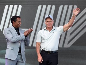 (L-R) Managing Director of LIV Golf Majed Al Sorour and Greg Norman, LIV Golf commissioner acknowledge the crowd during the award presentation ceremony after the LIV Golf Invitational - Portland at Pumpkin Ridge Golf Club on July 02, 2022 in North Plains, Oregon.