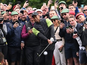 Tiger Woods of United States plays his second shot to the 9th hole during Day One of the JP McManus Pro-Am at Adare Manor on July 4, 2022 in Limerick, Ireland.