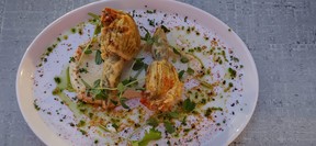 Tempura-fried zucchini blossoms at Treadwell Cuisine. SARA SHANTZ PHOTO