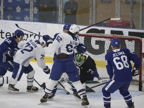 Leafs prospects look for the loose puck during the Blue and White scrimmage.
